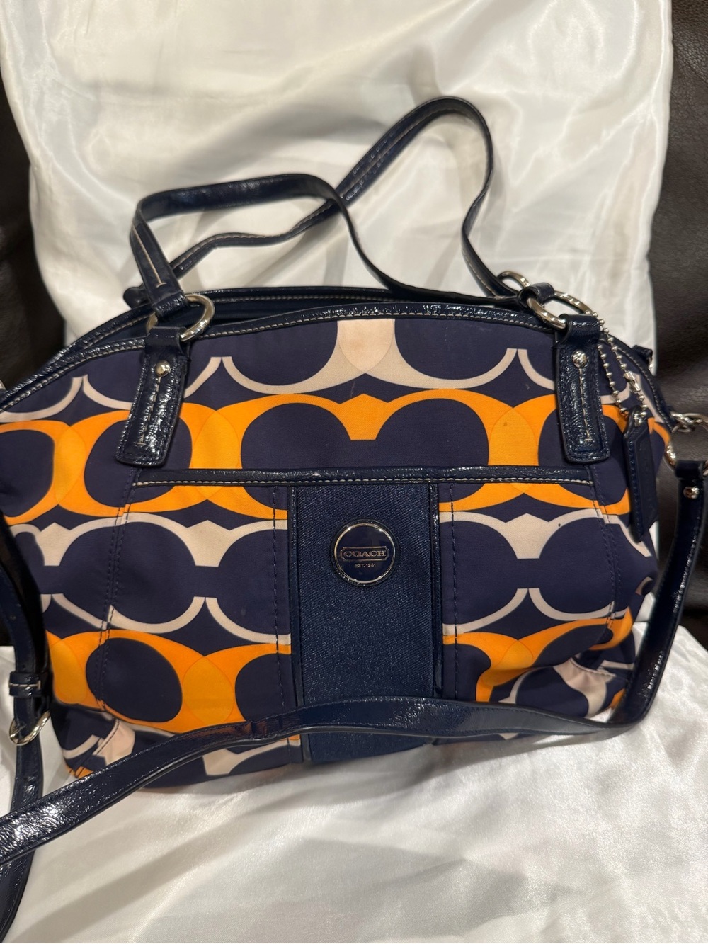 RARE! Coach Navy, Orange & Cream Signature Dome Satchel